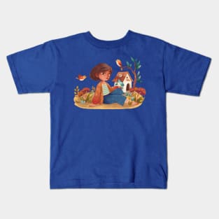 girl playing with birds hand drawn Kids T-Shirt